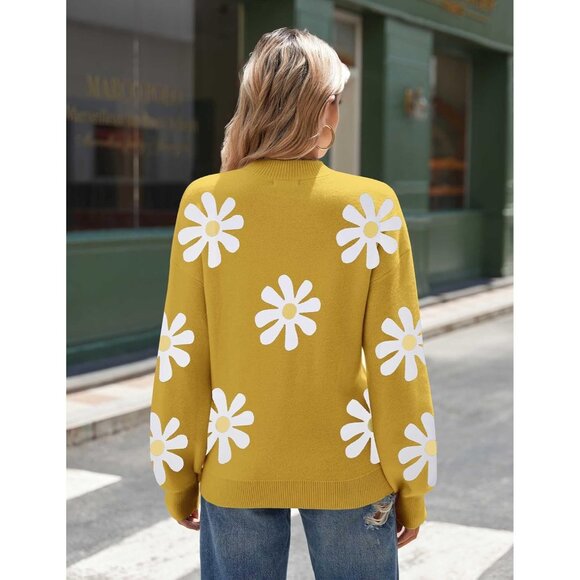 Zeagoo Women Yellow-flower Long Sleeve Pullover Ribbed Knitted Pattern Sweater - Picture 4 of 5